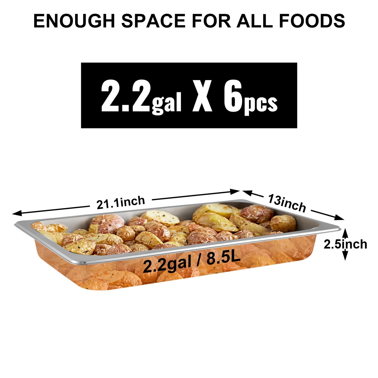 8.5L/8.9 Quart 65mm Deep Steam Table Pan - Full Size Stainless Steel Anti-Jam, 6 Pack for Commercial Food Service and Storage