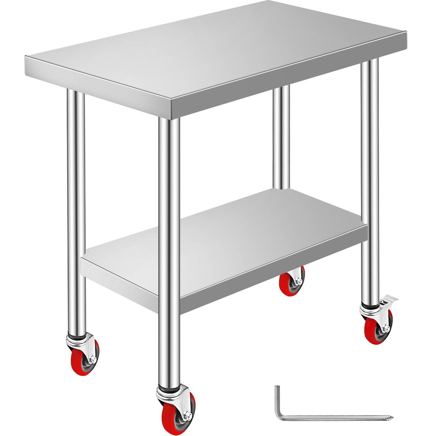 Stainless steel work table with wheels measures 30x18 inches for kitchen prep and catering