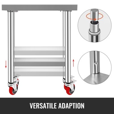 Stainless steel work table with wheels measures 30x18 inches for kitchen prep and catering