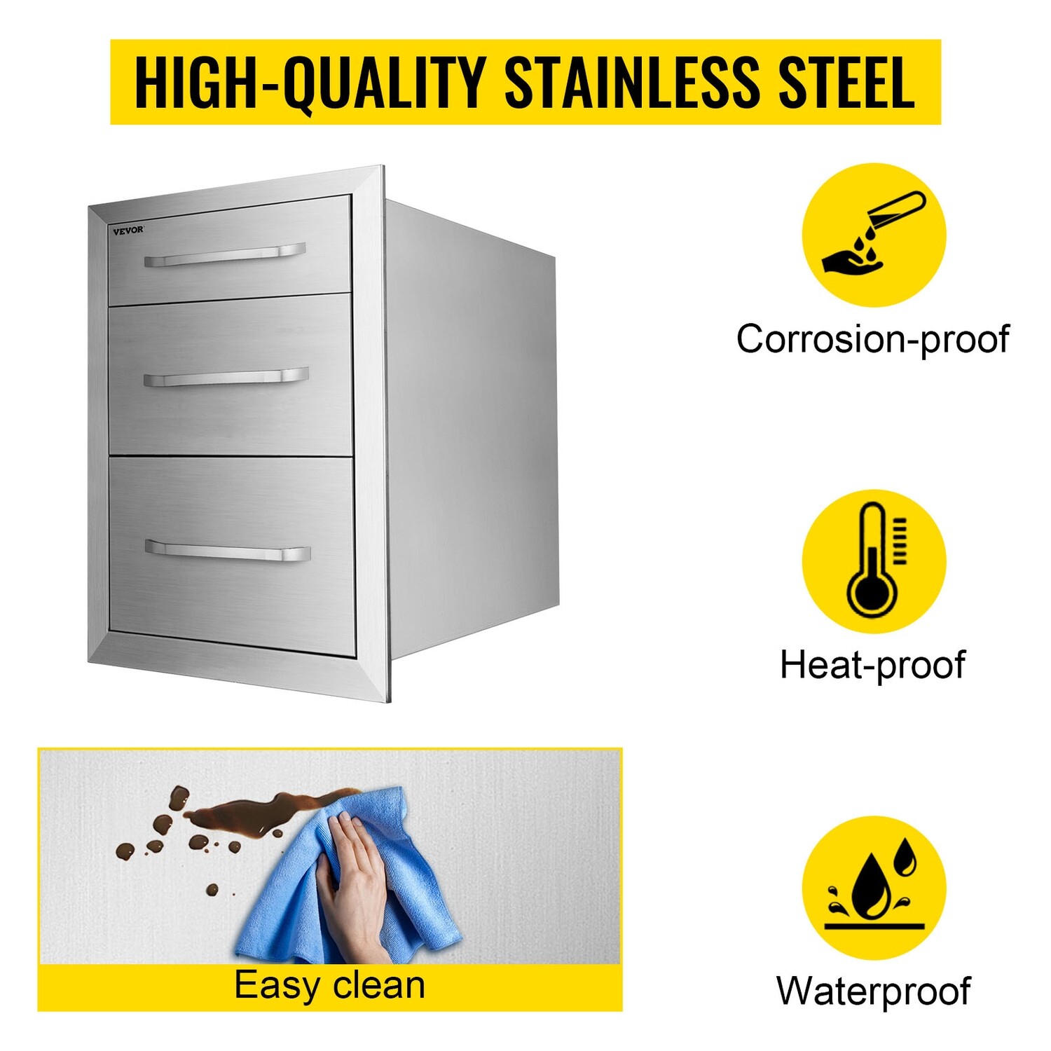 BBQ Tool Triple Drawer – Fully Enclosed Modern Access Drawer, 37.6x53.3cm for Outdoor Kitchen Storage
