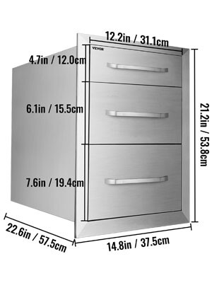 BBQ Tool Triple Drawer – Fully Enclosed Modern Access Drawer, 37.6x53.3cm for Outdoor Kitchen Storage