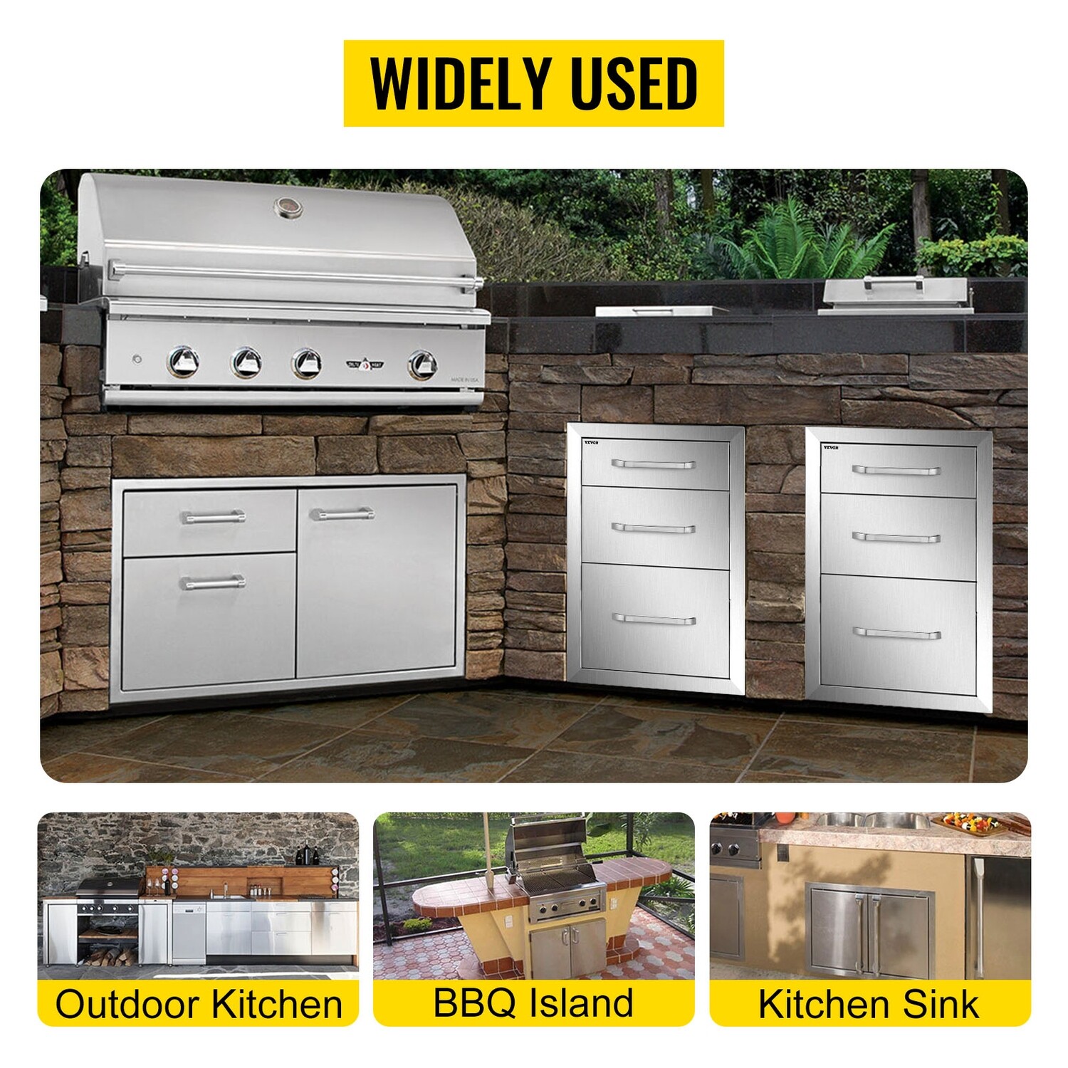 BBQ Tool Triple Drawer – Fully Enclosed Modern Access Drawer, 37.6x53.3cm for Outdoor Kitchen Storage