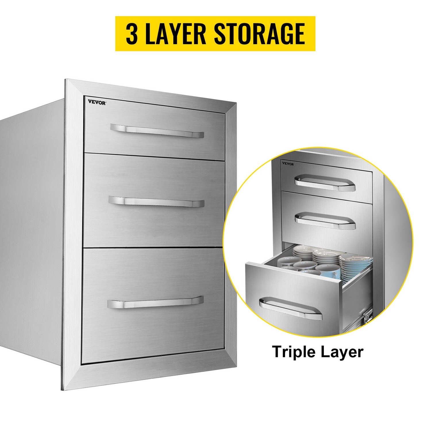 BBQ Tool Triple Drawer – Fully Enclosed Modern Access Drawer, 37.6x53.3cm for Outdoor Kitchen Storage