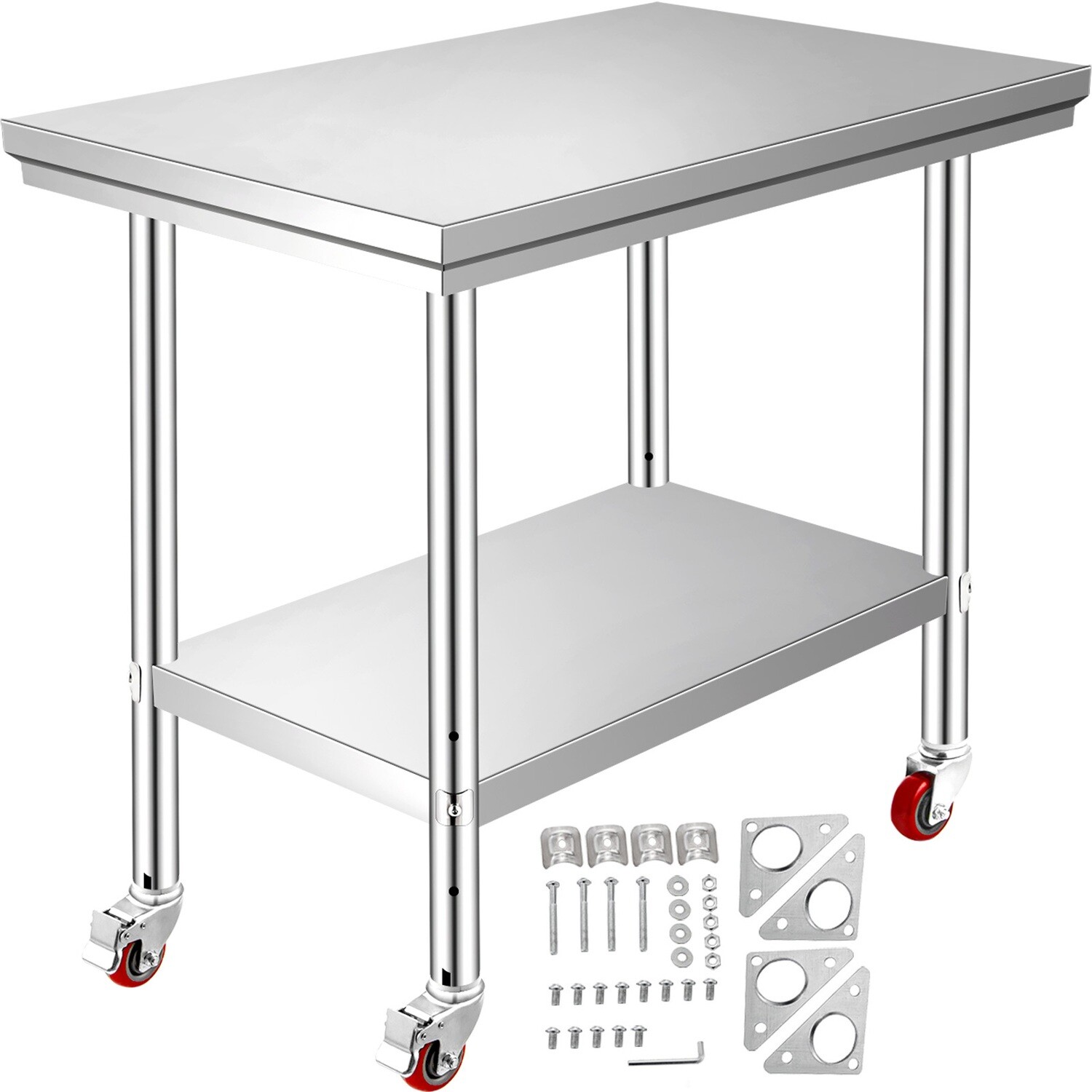 Adjustable Stainless Steel Kitchen Work Table with 4 Casters - 60x30cm Heavy-Duty Prep Station for Home or Commercial Use