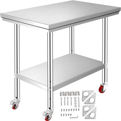 Adjustable Stainless Steel Kitchen Work Table with 4 Casters - 60x30cm Heavy-Duty Prep Station for Home or Commercial Use