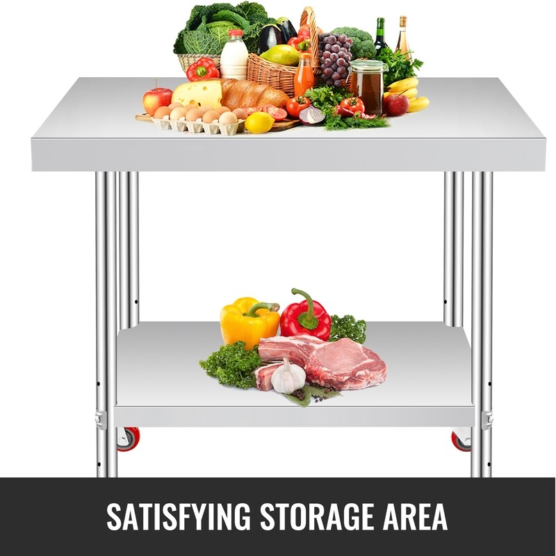 Adjustable Stainless Steel Kitchen Work Table with 4 Casters - 60x30cm Heavy-Duty Prep Station for Home or Commercial Use