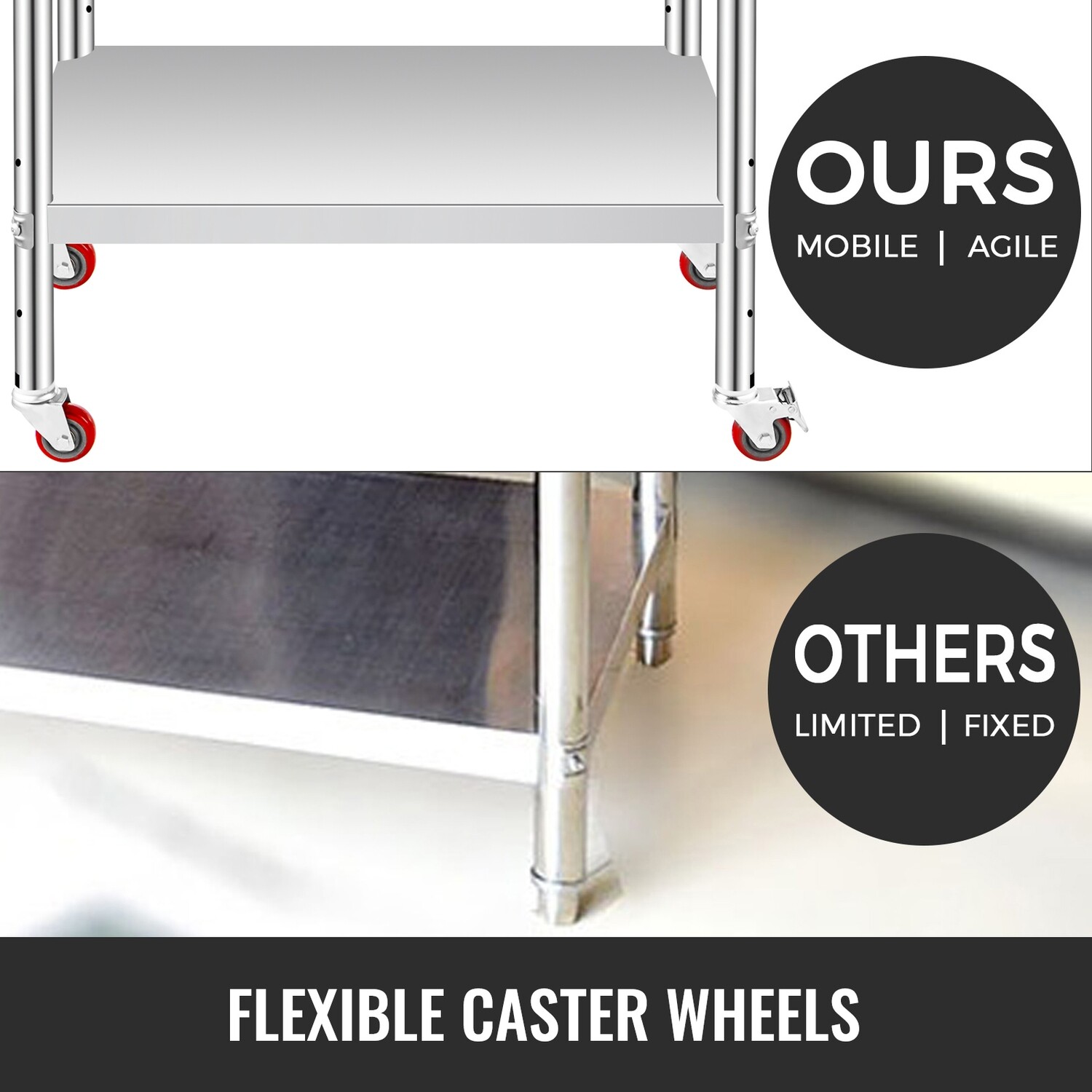 Adjustable Stainless Steel Kitchen Work Table with 4 Casters - 60x30cm Heavy-Duty Prep Station for Home or Commercial Use