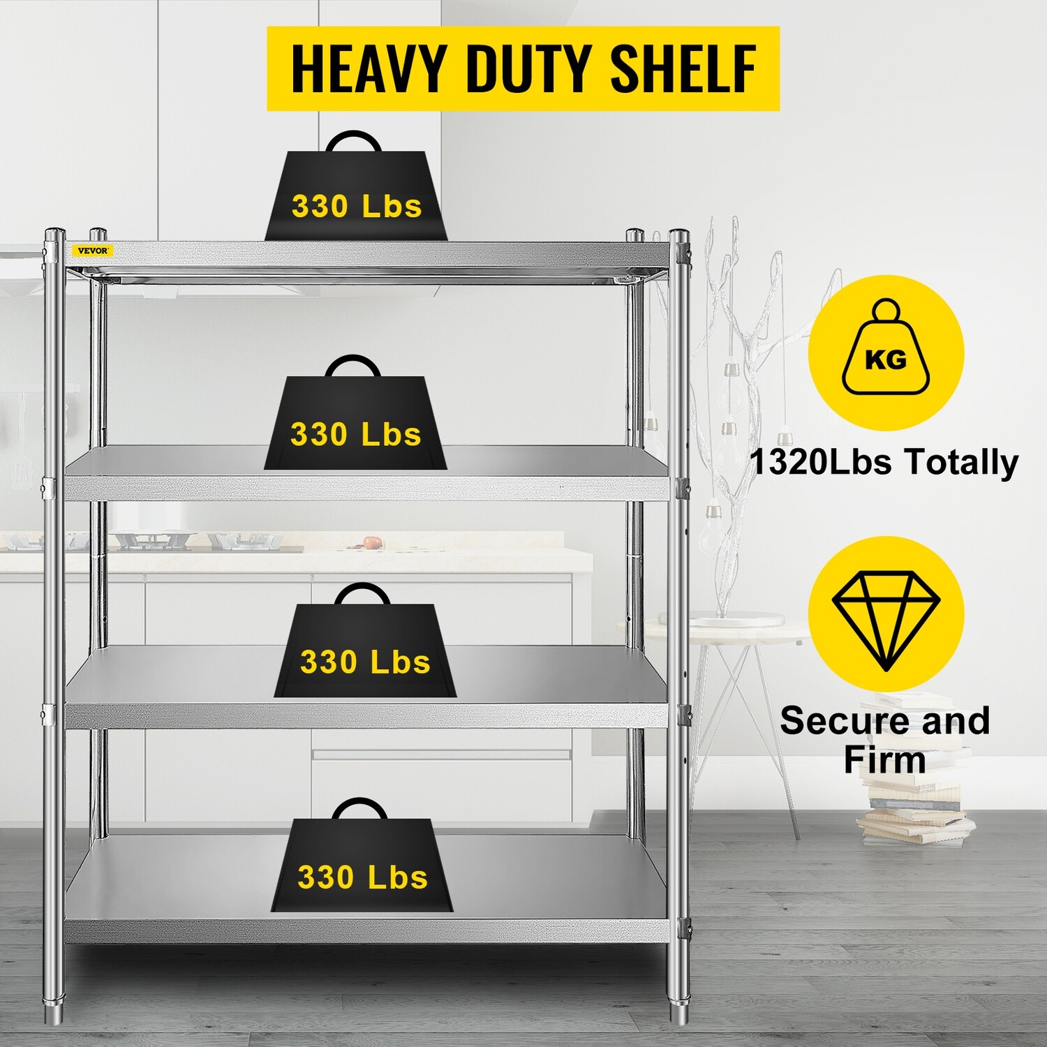 STAINLESS STEEL STORAGE SHELVING 600 KG LOAD FOR 4 SHELVES RACK SHELF