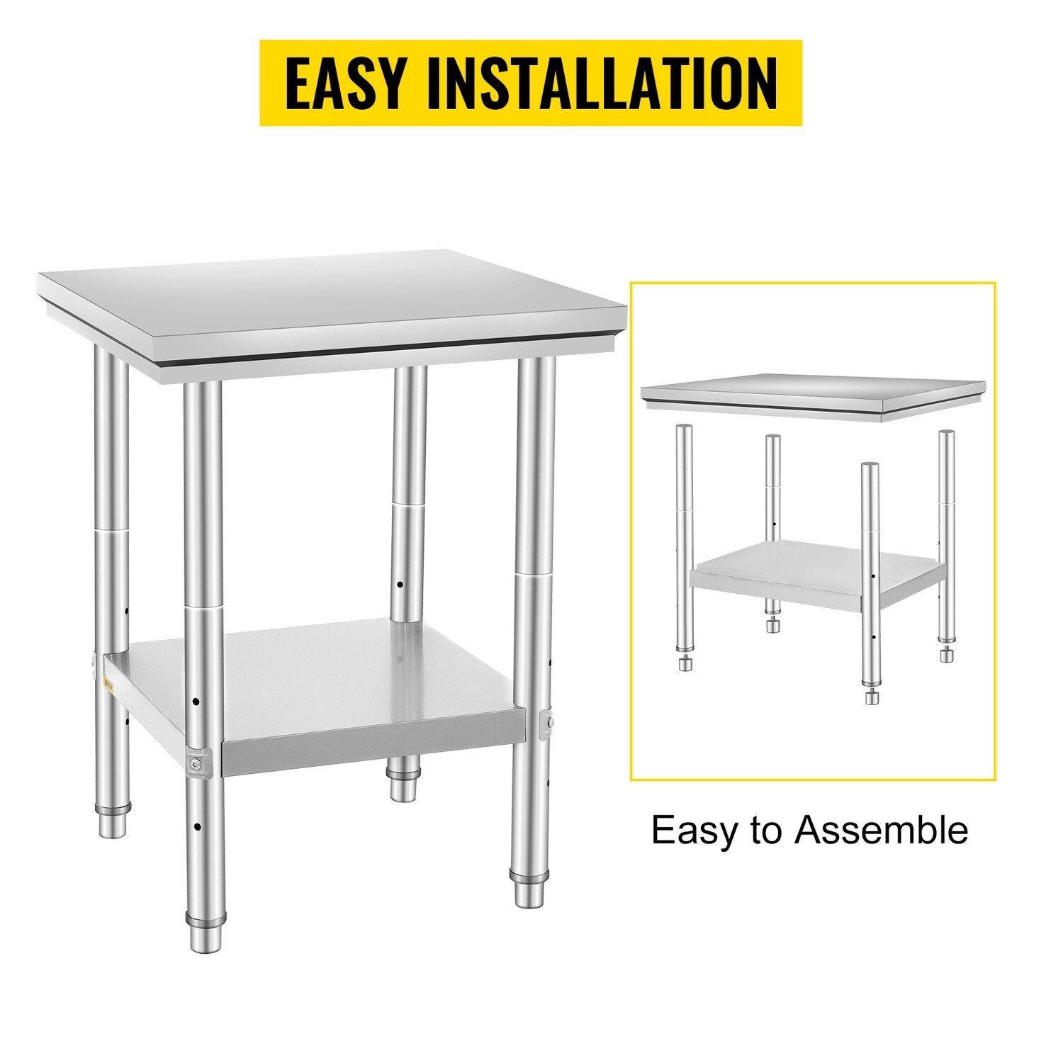 Commercial Kitchen Prep Workbench, 60x76x80 cm, Stainless Steel Work Table with Lower Shelf, Restaurant Equipment, Food Preparation Table, Durable Kitchen Furniture