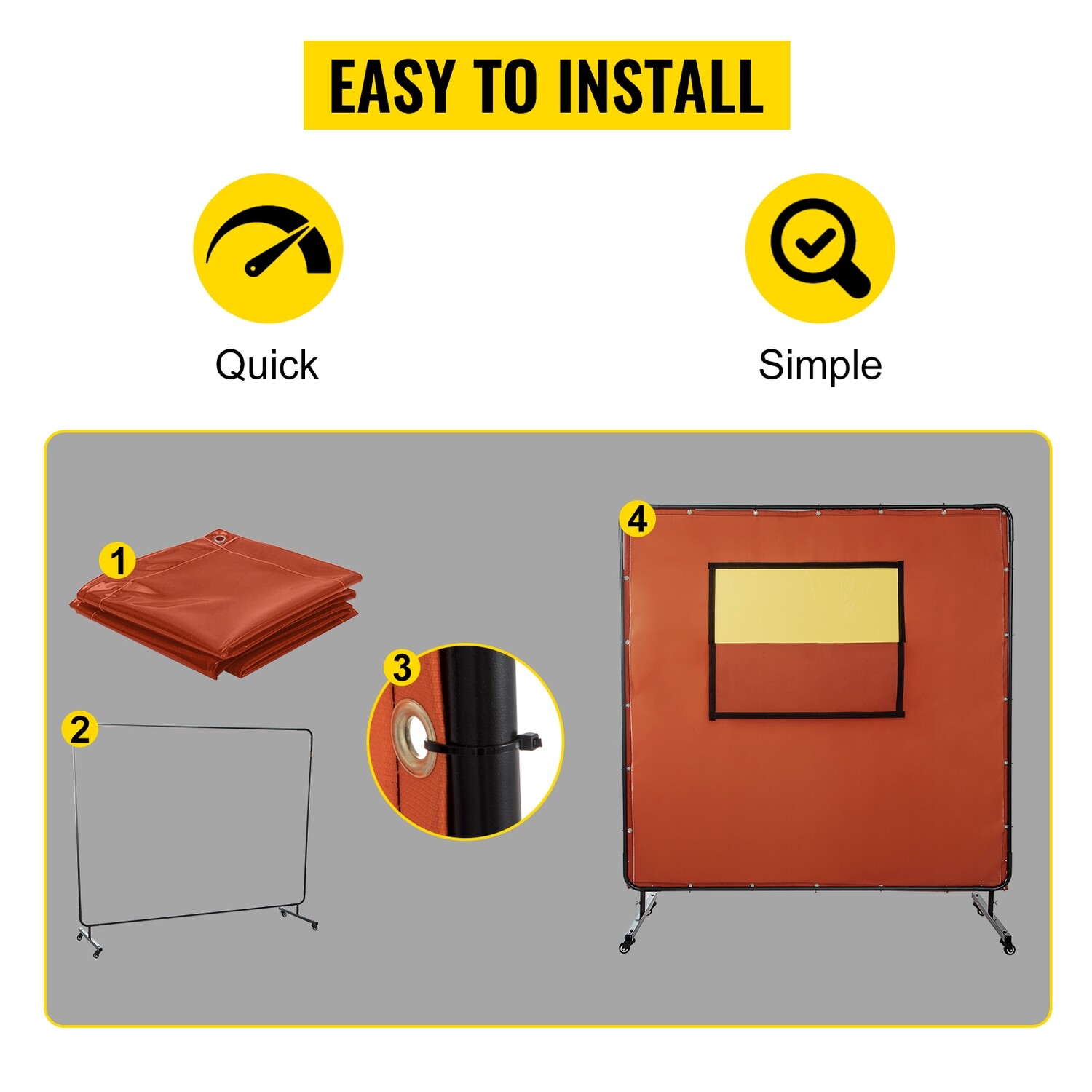 Drywall Curtain Fiberglass Welding Screen – 6&#39; x 6&#39; Frame with Viewing Window and Casters for Mobility and Protection