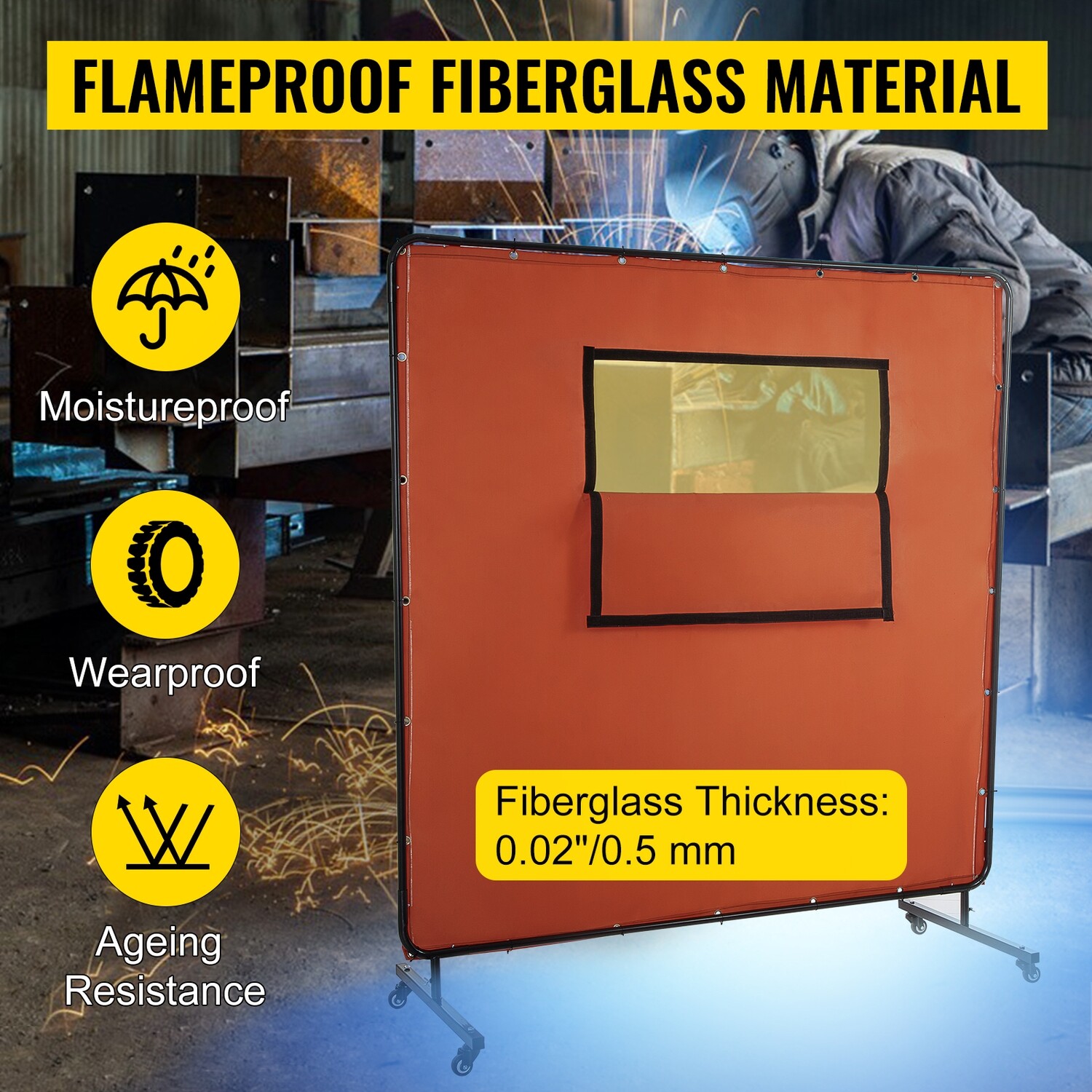 Drywall Curtain Fiberglass Welding Screen – 6&#39; x 6&#39; Frame with Viewing Window and Casters for Mobility and Protection