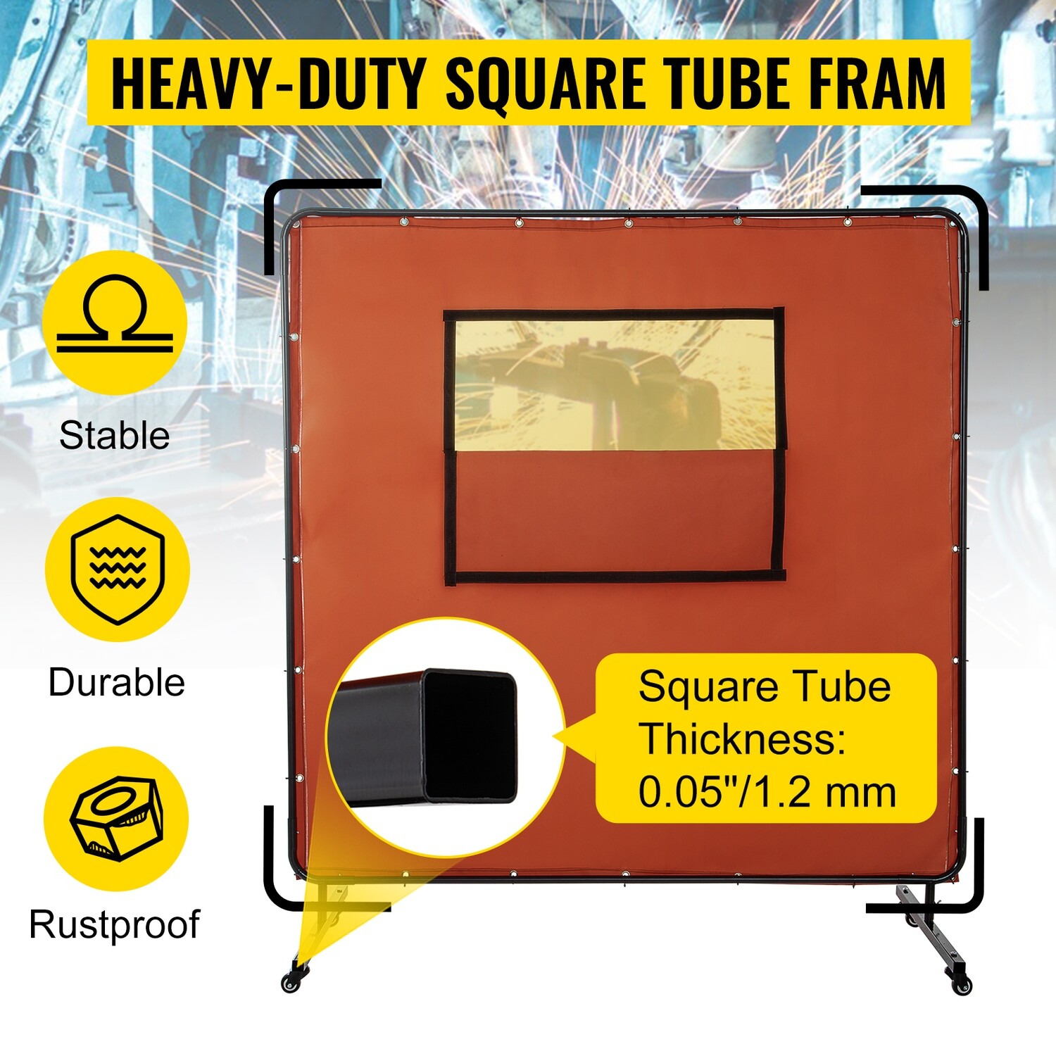 Drywall Curtain Fiberglass Welding Screen – 6&#39; x 6&#39; Frame with Viewing Window and Casters for Mobility and Protection