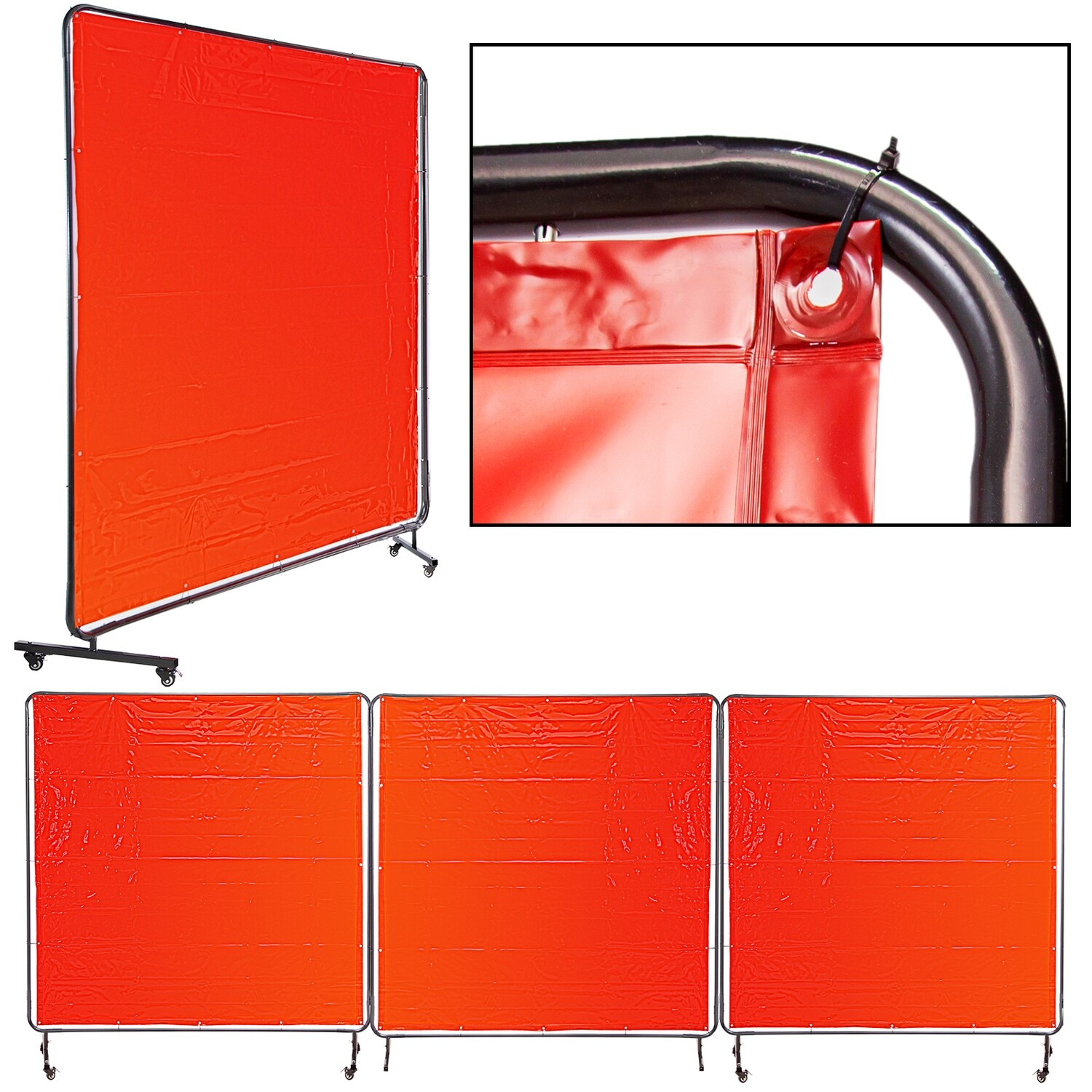 3-Panel Welding Screen with Frame and Portable Wheels - 6&#39; x 6&#39; Heat-Resistant Welding Curtain for Enhanced Safety and Protection - Heavy-Duty Frame with Flexible Mobility, Ideal for Welding Work