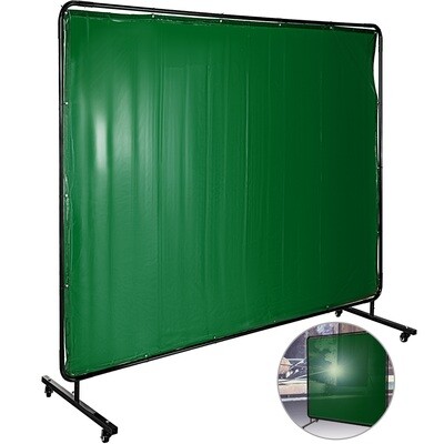 Flame-Resistant Vinyl Welding Curtain with Frame and Wheels, 8&#39; x 6&#39;, Green – Durable Welding Protection