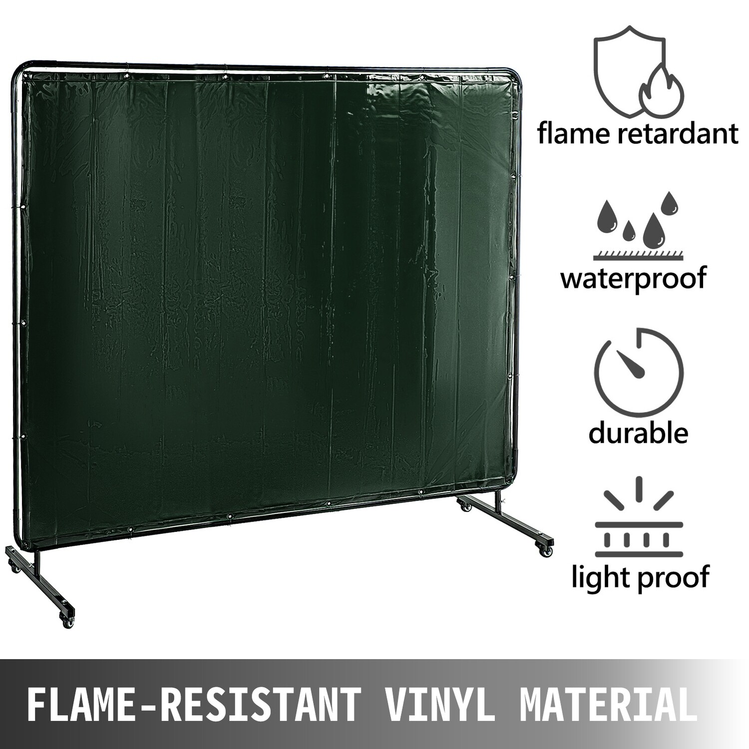 Flame-Resistant Vinyl Welding Curtain with Frame and Wheels, 8&#39; x 6&#39;, Green – Durable Welding Protection