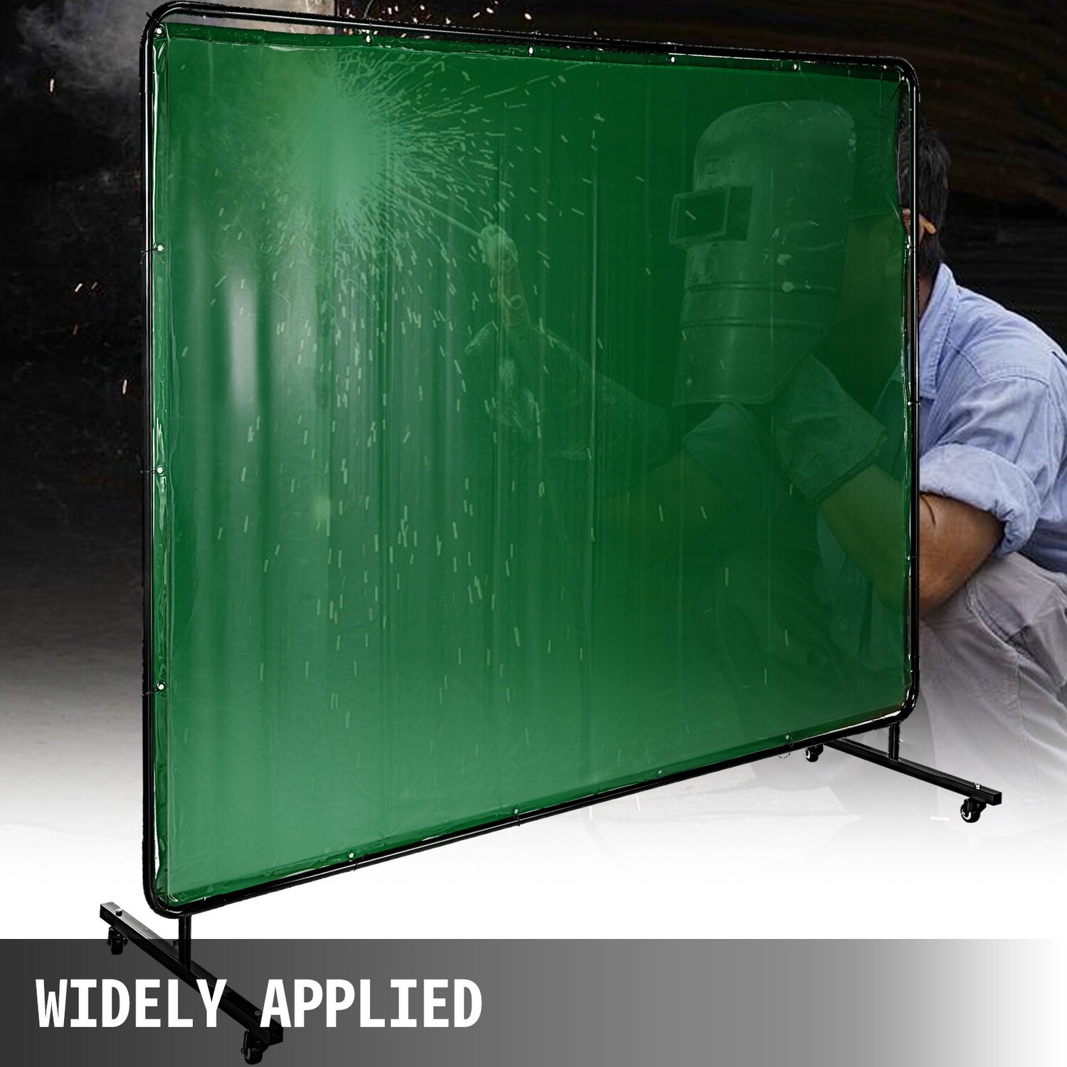 Flame-Resistant Vinyl Welding Curtain with Frame and Wheels, 8&#39; x 6&#39;, Green – Durable Welding Protection