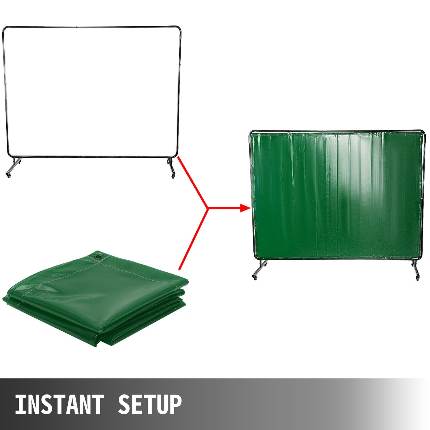 Flame-Resistant Vinyl Welding Curtain with Frame and Wheels, 8&#39; x 6&#39;, Green – Durable Welding Protection