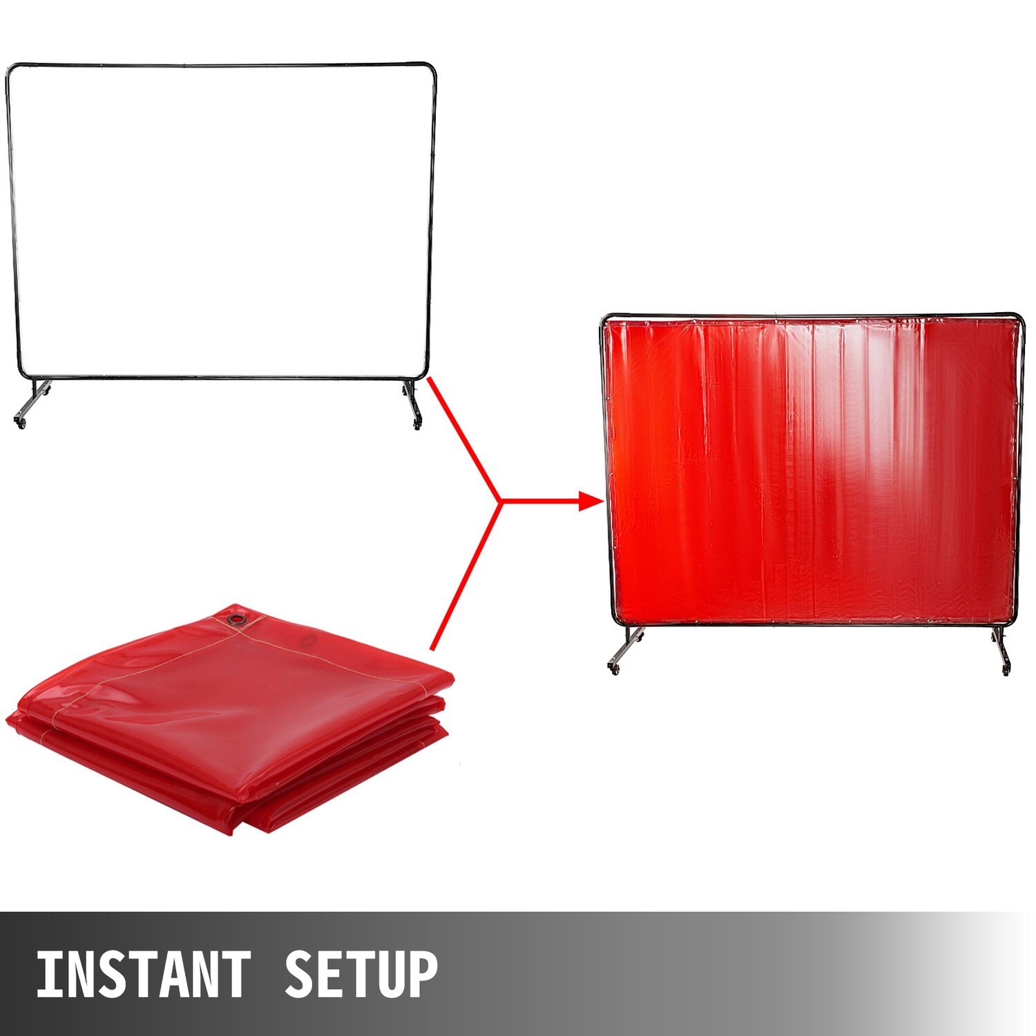 Flame-Resistant Vinyl Welding Curtain with Frame and Wheels, 8&#39; x 6&#39;, Red – Heavy-Duty Welding Shield
