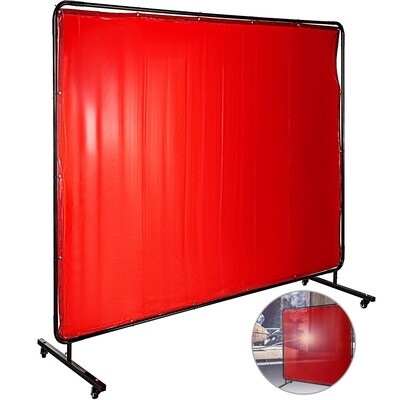 Flame-Resistant Vinyl Welding Curtain with Frame and Wheels, 8&#39; x 6&#39;, Red – Heavy-Duty Welding Shield