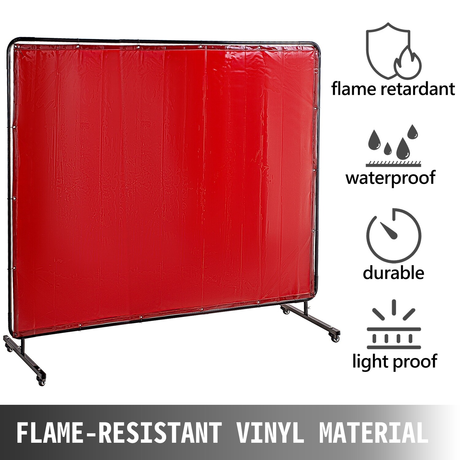 Flame-Resistant Vinyl Welding Curtain with Frame and Wheels, 8&#39; x 6&#39;, Red – Heavy-Duty Welding Shield
