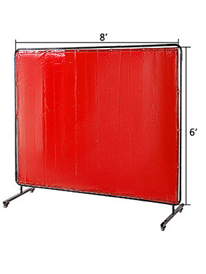 Flame-Resistant Vinyl Welding Curtain with Frame and Wheels, 8&#39; x 6&#39;, Red – Heavy-Duty Welding Shield