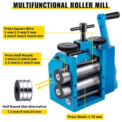 Jewelry 3"/76mm Manual Combination Rolling Mill for Sheet, Square, and Half Round Metal Forming and Crafting
