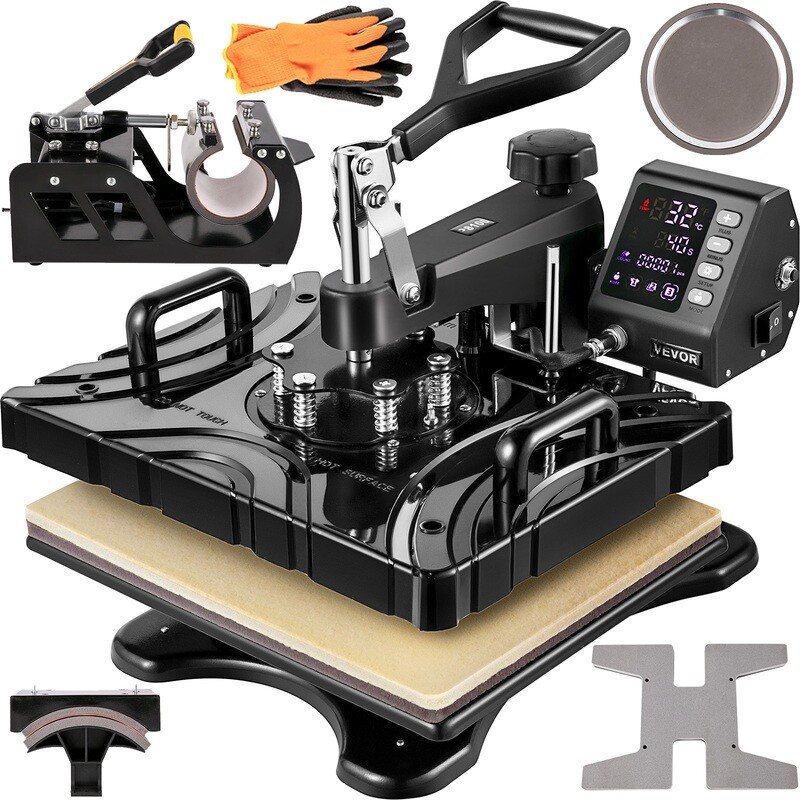 Heat Press Machine for Mug, Cap, and T-Shirt, 6-in-1 Heat Press, 12x15 Inch for Custom Sublimation Printing on Various Items