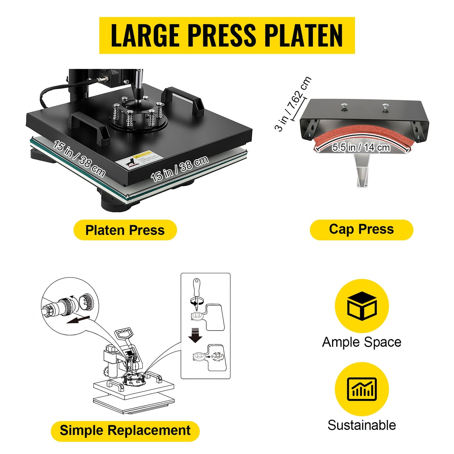 Heat Press Machine 2-in-1 DIY T-Shirt and Cap Sublimation Print Transfer 15x15&quot; for Custom Printing and Personalization