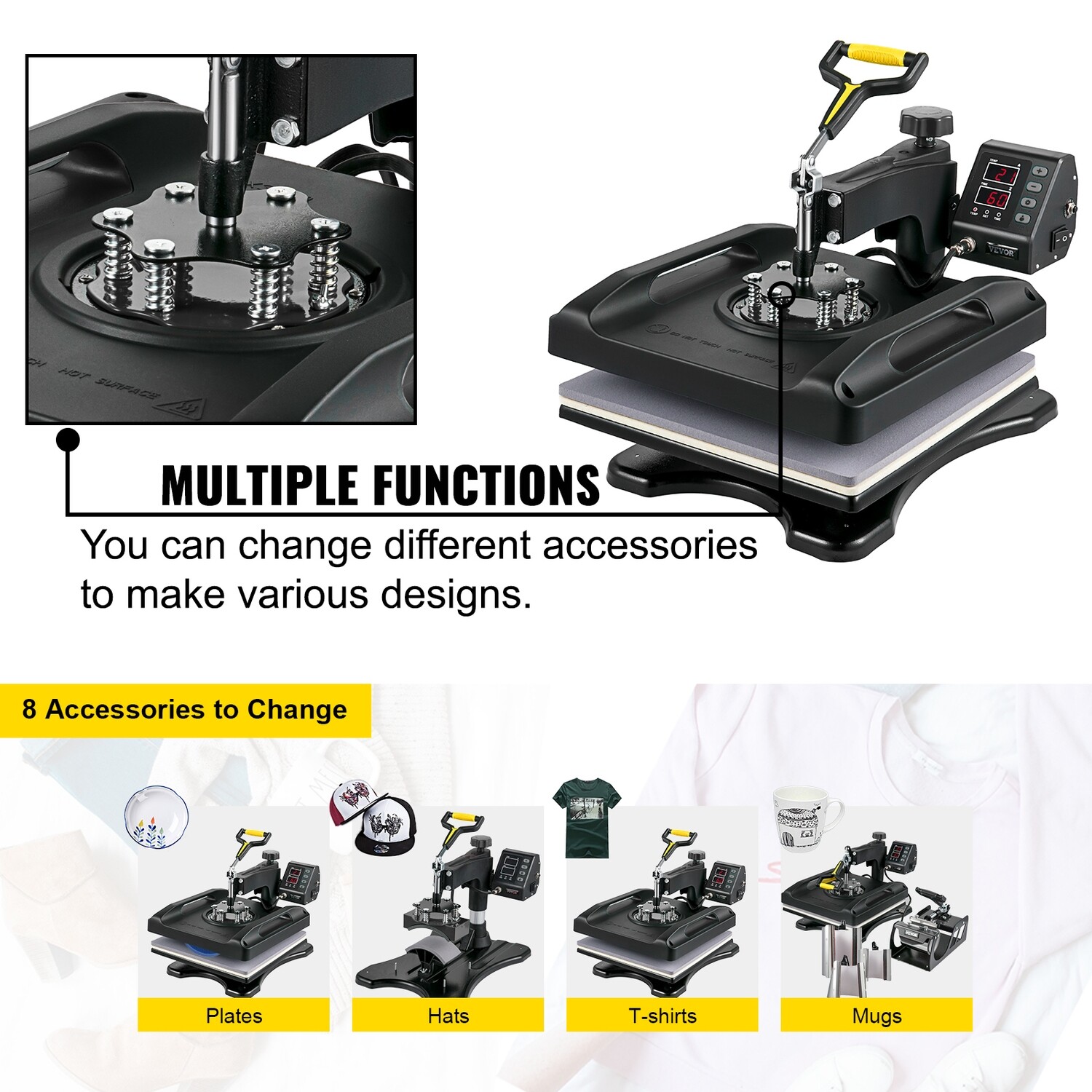 Heat Press Machine 8-in-1 Heat Press Set 15x15-inch Sublimation Press for T-Shirts, Mugs, Hats, and More Custom Printing
