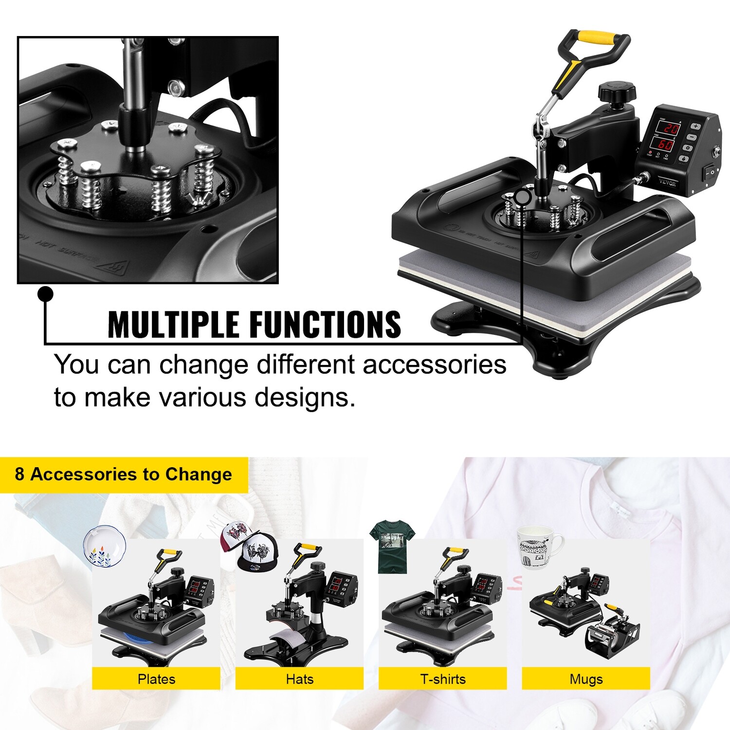 Heat Press Machine 8-in-1 Heat Press Set, 12x15-inch Sublimation Press Machine for T-Shirts, Mugs, Hats, and Custom Transfers