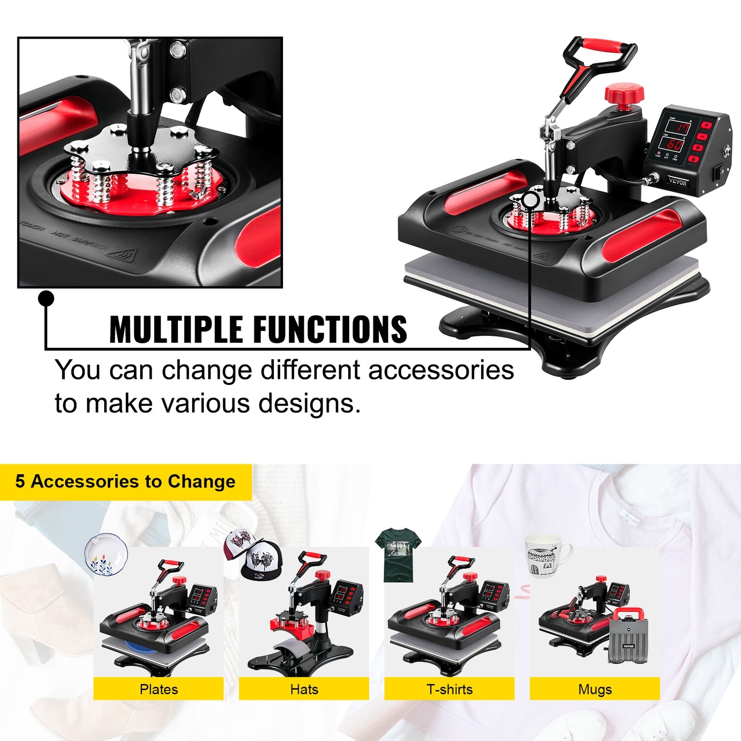 Heat Press Machine Red 5-in-1 12x15 Heat Press Sublimation for T-Shirts, Mugs, Caps, and Custom Transfers