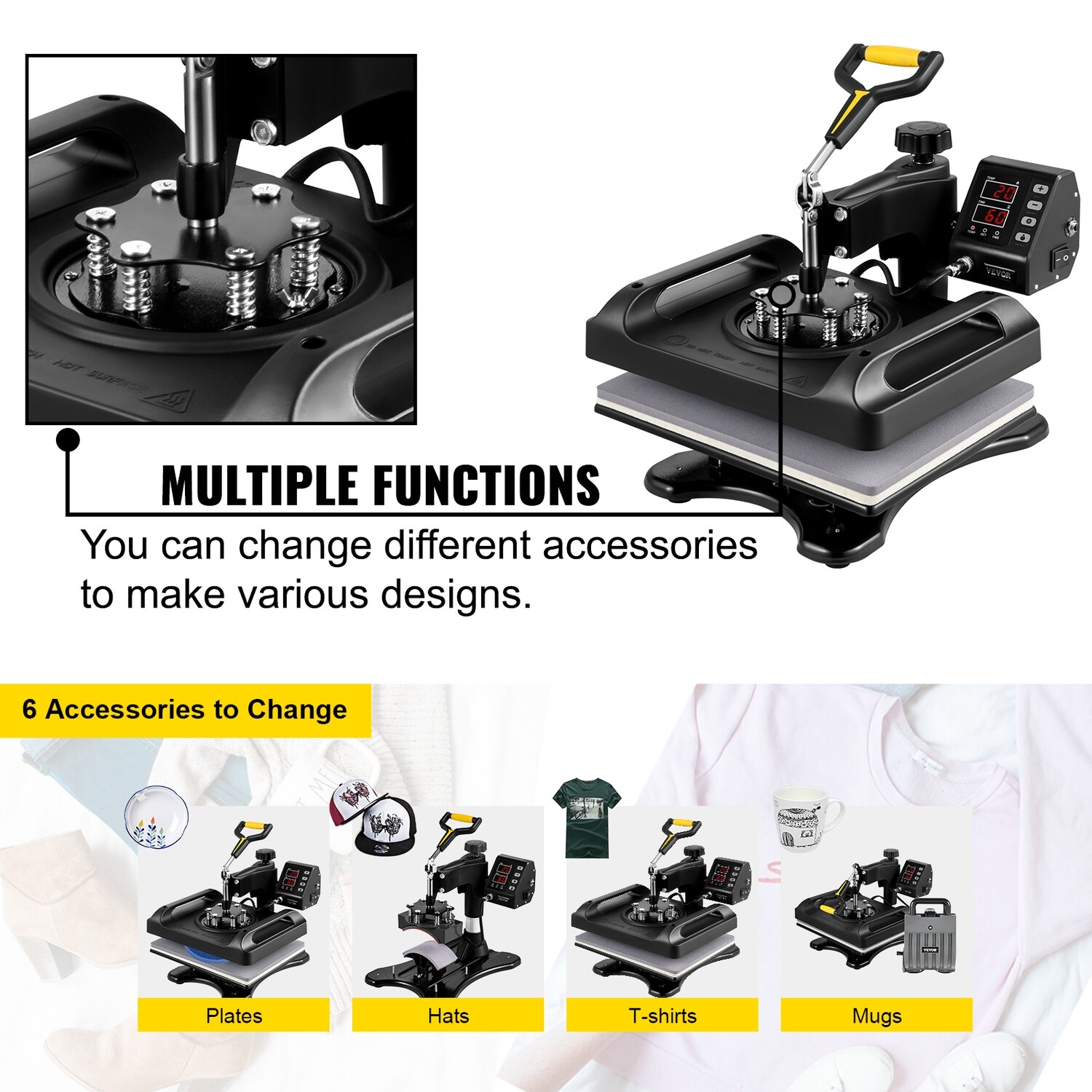 Black Heat Press Machine 12x15 Inch – 6-in-1 Sublimation Press for T-Shirts, Mugs, Hats, and More