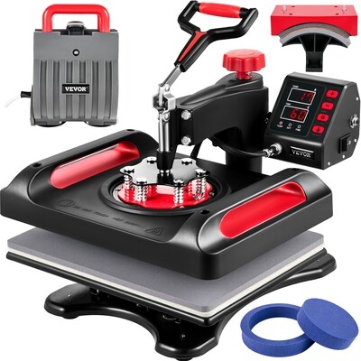 Heat Press Machine Red 5-in-1 12x15 Heat Press Sublimation for T-Shirts, Mugs, Caps, and Custom Transfers