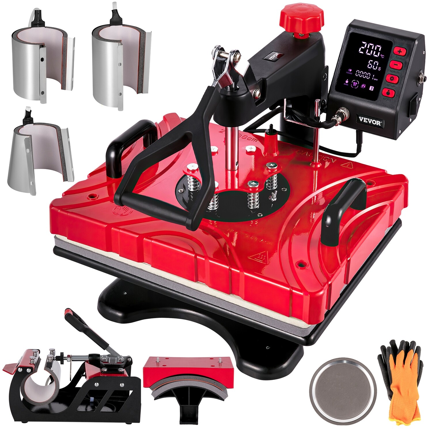 Heat Press 12x15 Red Sublimation Machine For Caps And Mugs, 8 In 1 Heat Press