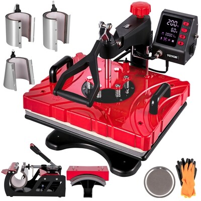 Heat Press 12x15 Red Sublimation Machine for Caps and Mugs, 8-in-1 Multifunctional Heat Press for T-Shirts, Mugs, Hats, and More