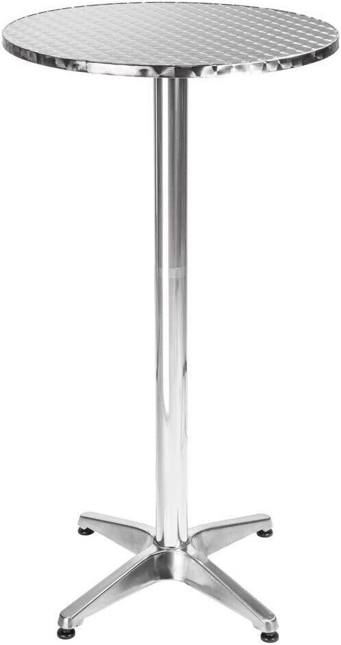 Round, height-adjustable, aluminum bistro tables come in a variety of types.