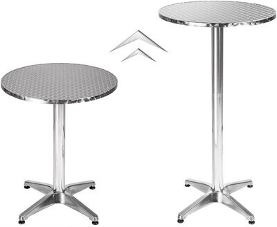 Round, height-adjustable, aluminum bistro tables come in a variety of types.