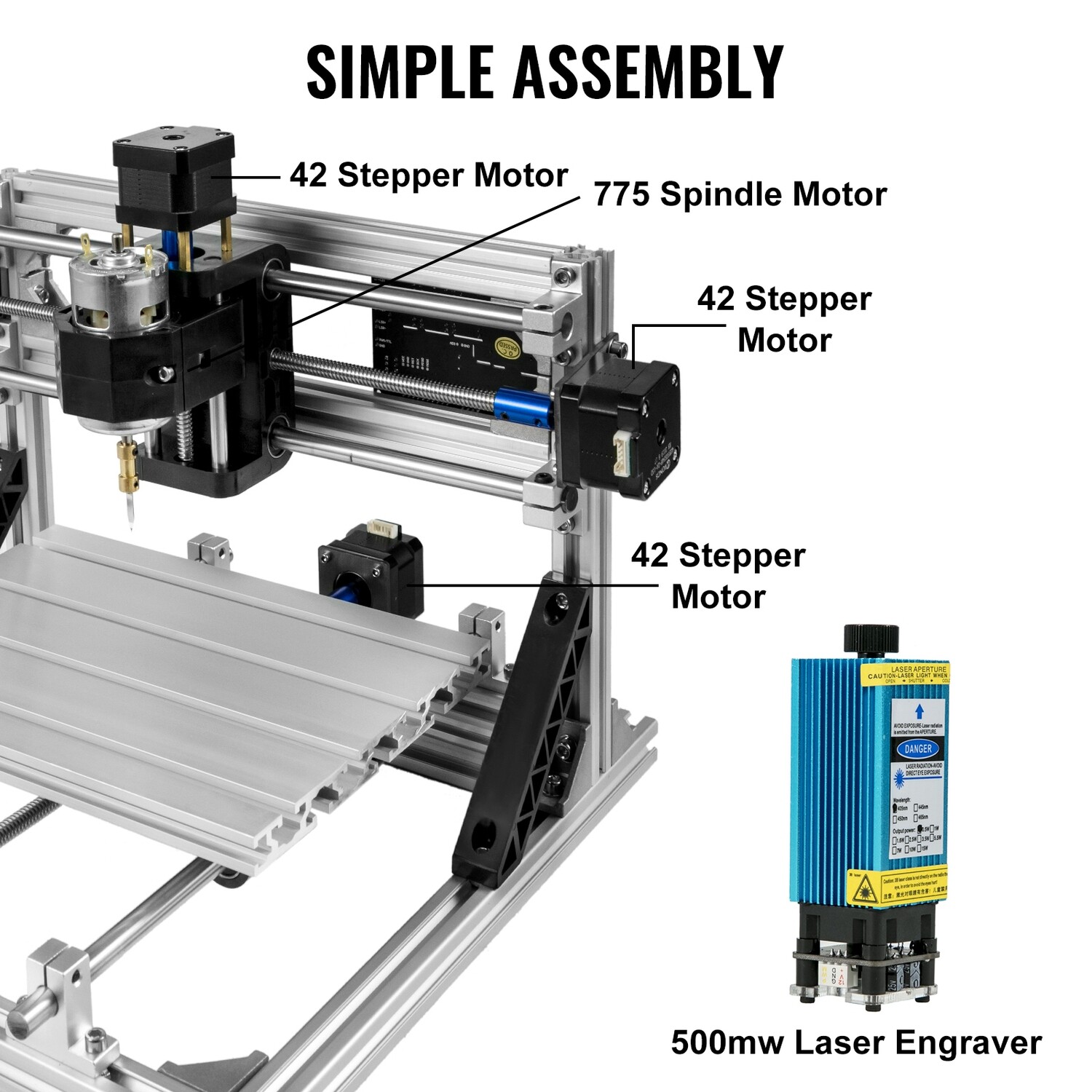 CNC Router Kit Wood Router with 500mW Laser Engraver – GRBL Control 3-Axis PCB PVC Milling Machine with Offline Controller, 240x180x40mm