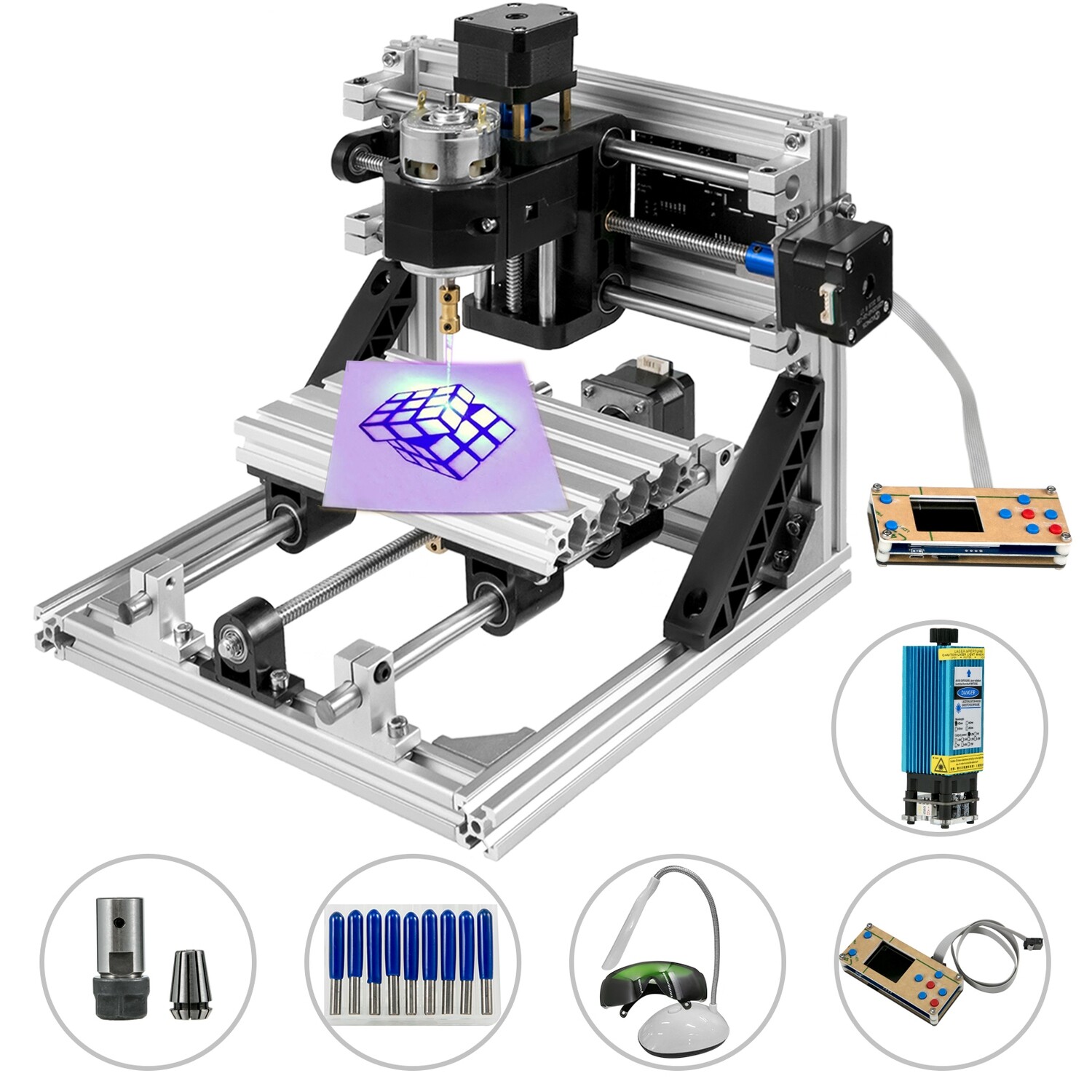 The 2418 CNC Router Kit with a 500mW laser engraver and an offline USB controller for wood plastic
