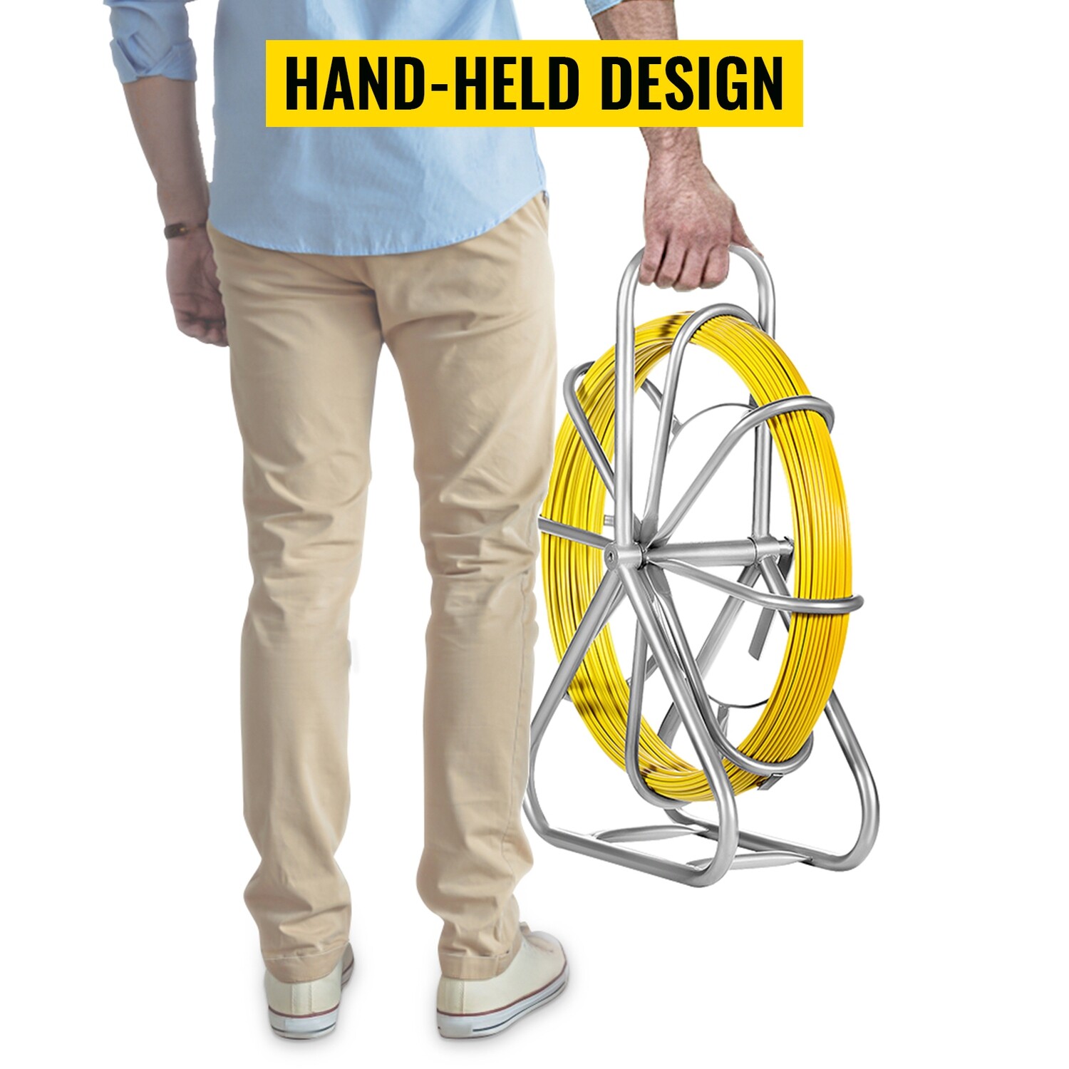 Duct Rodder Fish Tape Electrical Cable Running Puller – Hand-Operated Draw Wire Retractable Threader with Cage Wheel Stand for Easy Cable Installation