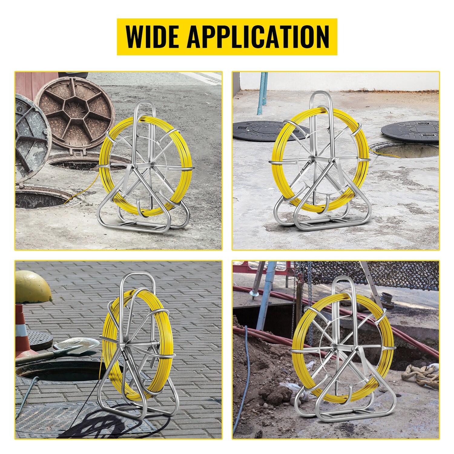 Duct Rodder Fish Tape Electrical Cable Running Puller Hand-Operated Draw Wire Retractable Threader + Cage Wheel Stand