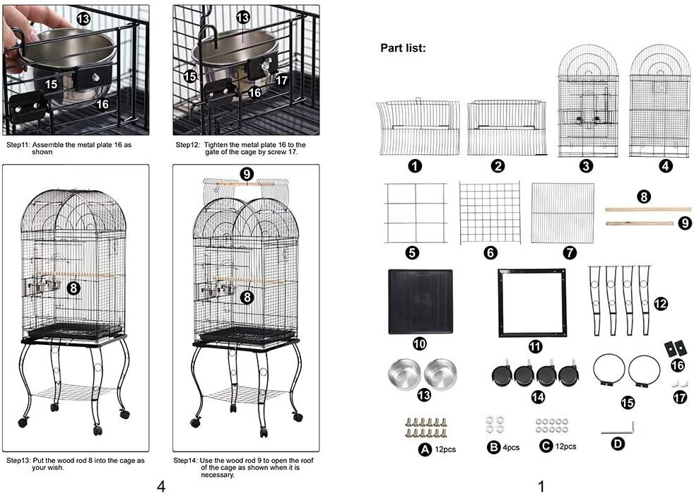 Large Wrought Iron Bird Cage for Cockatoo, Parrot, and Other Small Birds