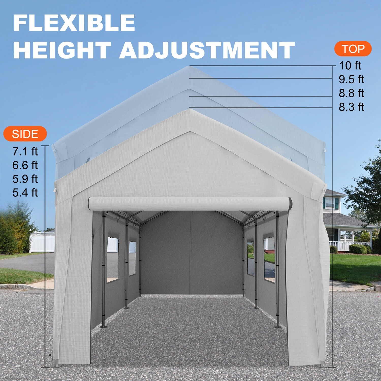 10x20ft Carport Canopy with Sidewalls, Windows, and 8 Sturdy Legs - Gray