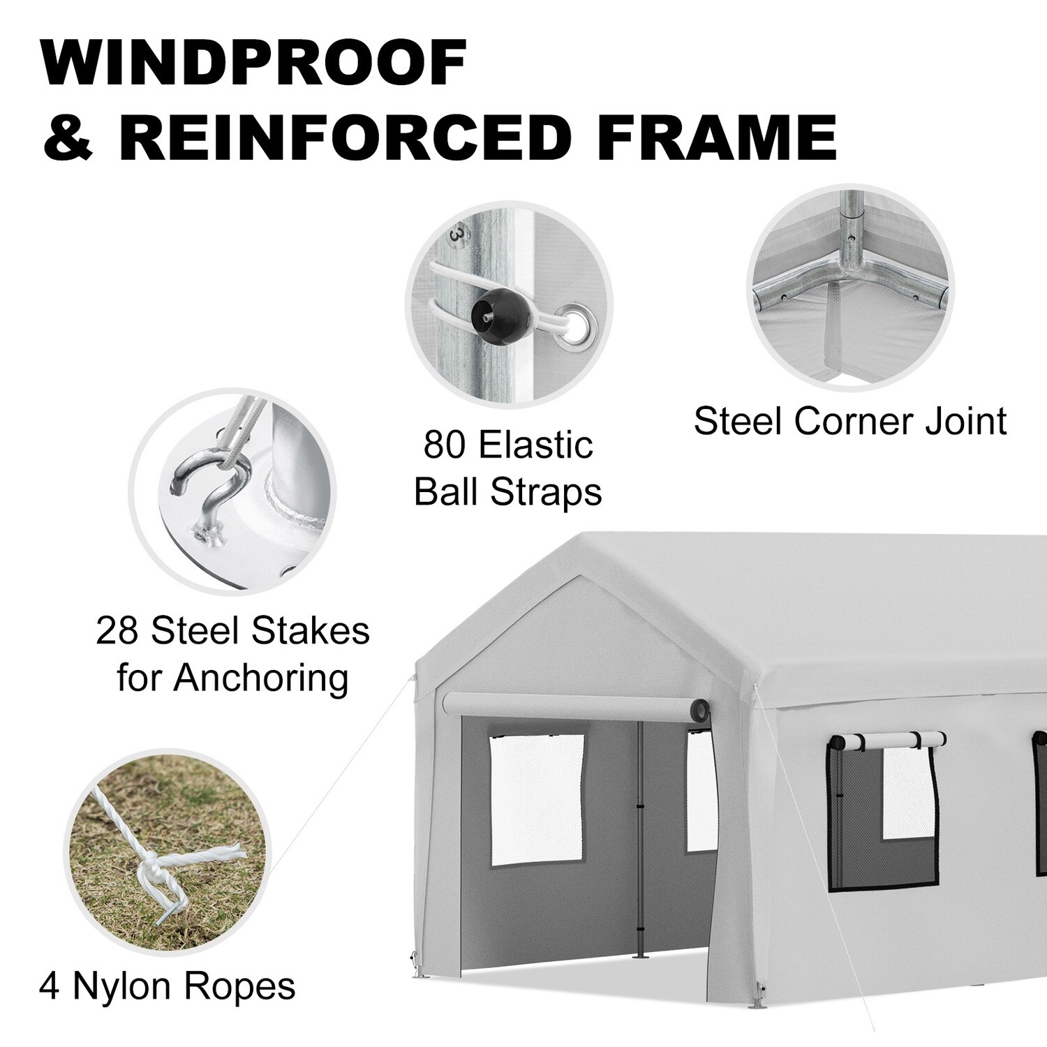 10x20ft Carport Canopy with Sidewalls, Windows, and 8 Sturdy Legs - Gray