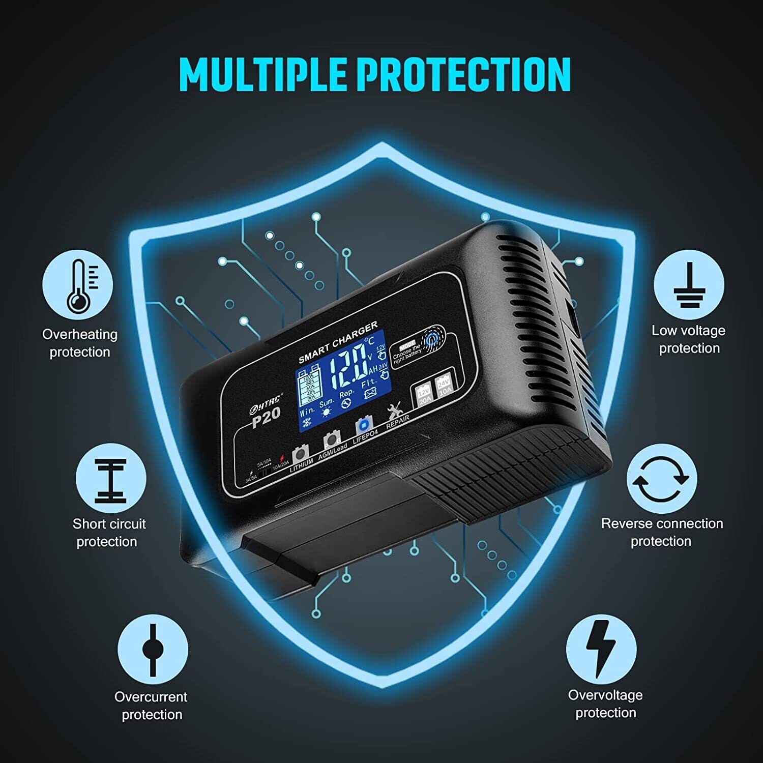 20A 12V/24V Car Battery Charger, Battery Maintainer, and Trickle Charger