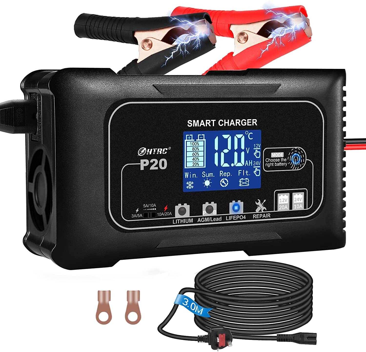 20A 12V/24V Car Battery Charger, Battery Maintainer, Trickle Charger