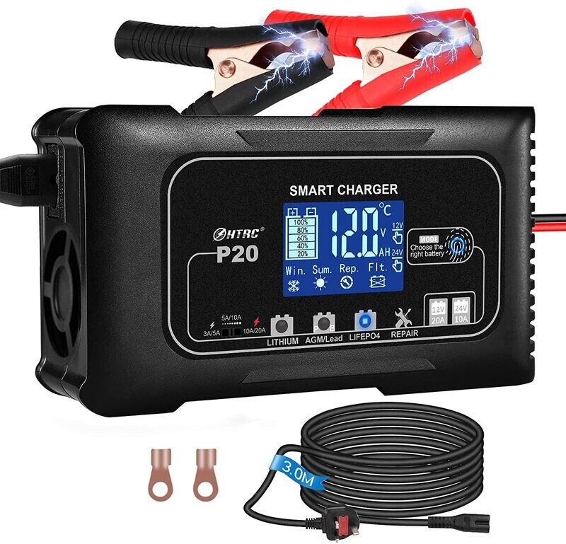 20A 12V/24V Car Battery Charger, Battery Maintainer, and Trickle Charger
