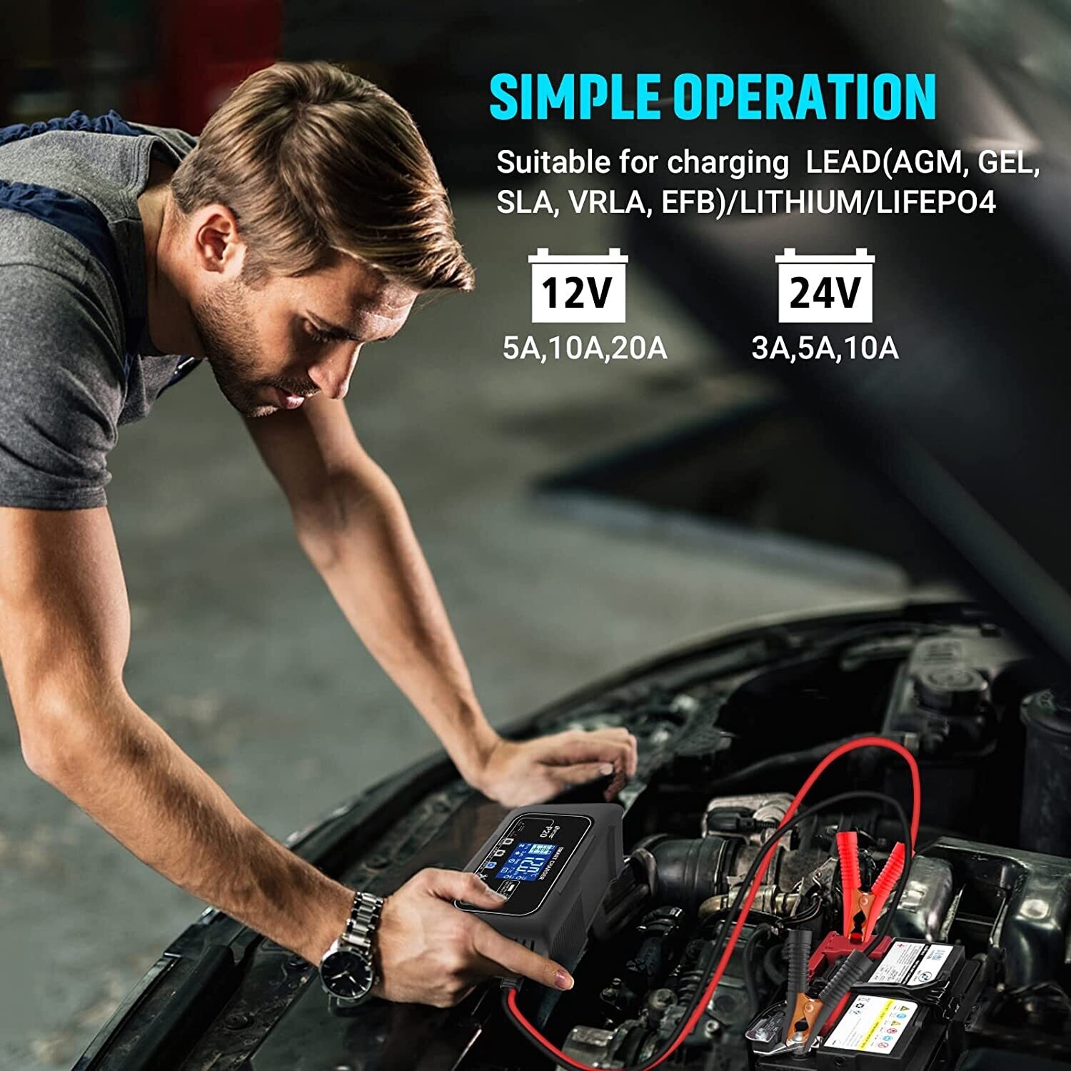 20A 12V/24V Car Battery Charger, Battery Maintainer, and Trickle Charger