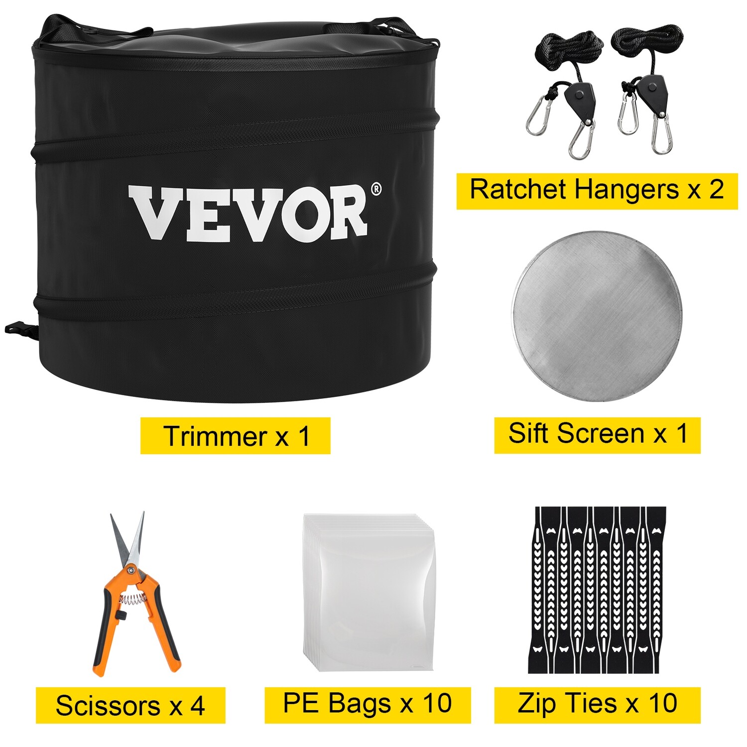Hand-Held Trimming Scissors with Ratchet Hangers, Bags, and Zip Ties for Gardening and Organizing Tasks