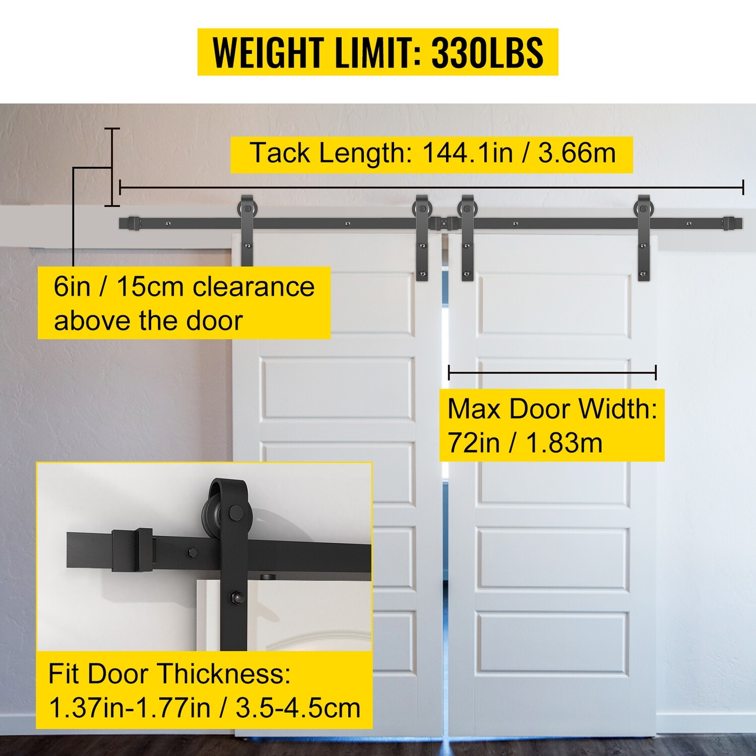 Sliding Barn Door Hardware Kit, 12FT Barn Door Kit, 330LBS Load-bearing Double Barn Door Hardware Kit